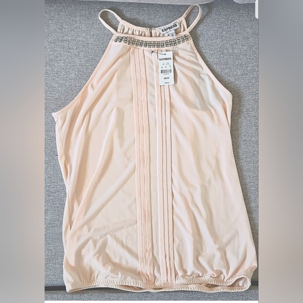 EXPRESS, pale pink halter top with pearls and diamond stud design XSP